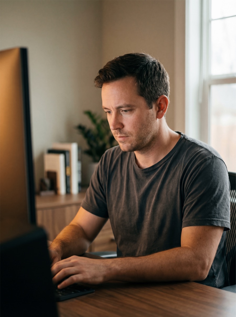 Someone working at a desk, mid-morning light.