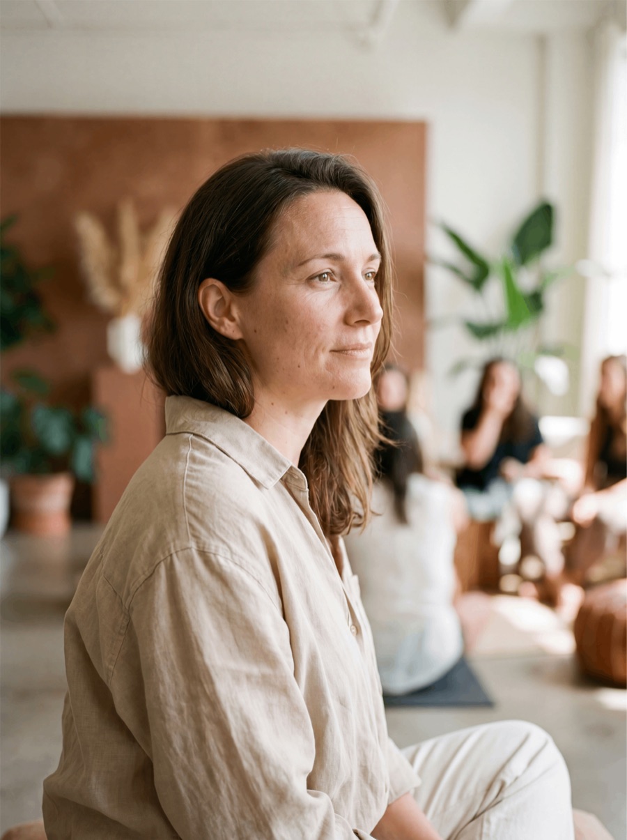A practitioner guiding a room.