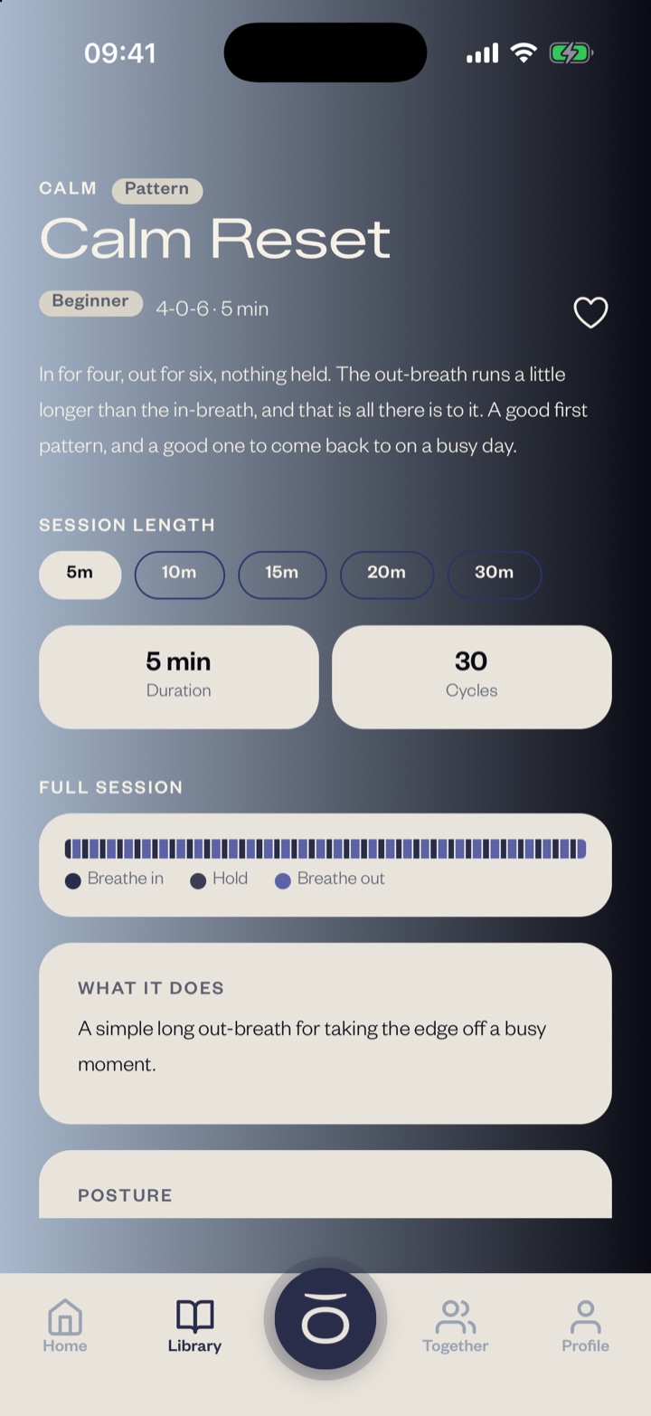 Calm Reset before you start it: the timing, five minutes, thirty cycles, the full session drawn as a timeline, and what it does.