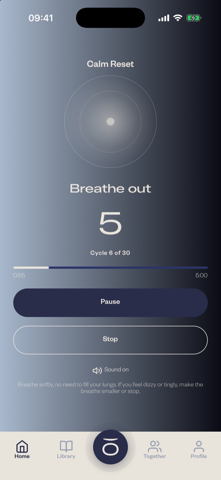 A running session of Calm Reset: the pacer orb, the words Breathe out, a five second count, cycle six of thirty, and the reminder to breathe softly.